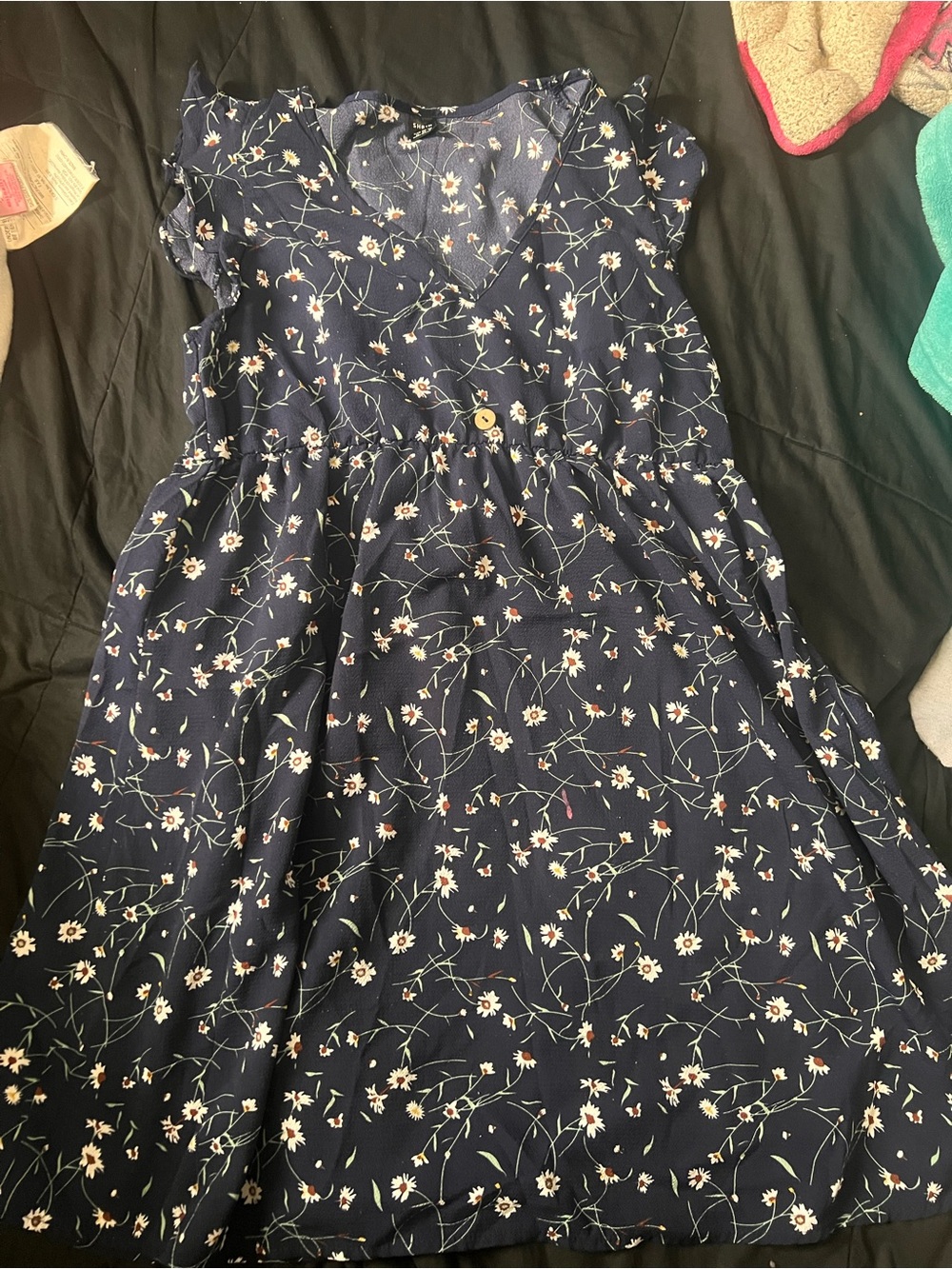 SHEIN Navy Blue Floral Ruffle Cap Sleeve Casual Dress